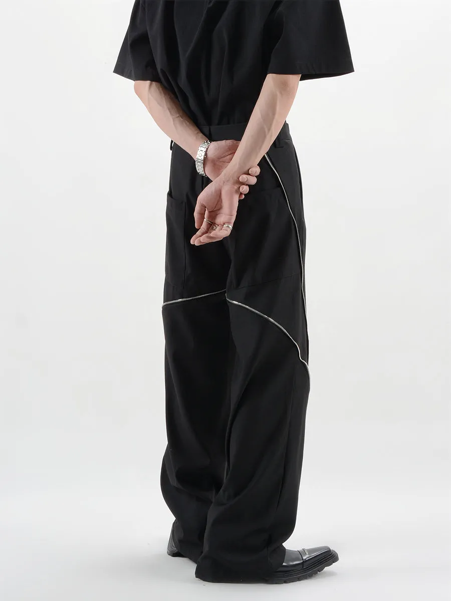 Straight Fit Diagonal Zip Up Pants