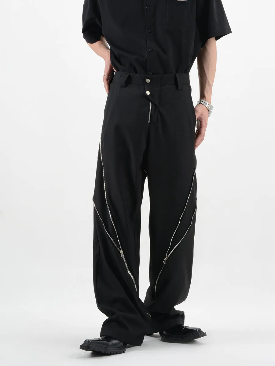 Straight Fit Diagonal Zip Up Pants