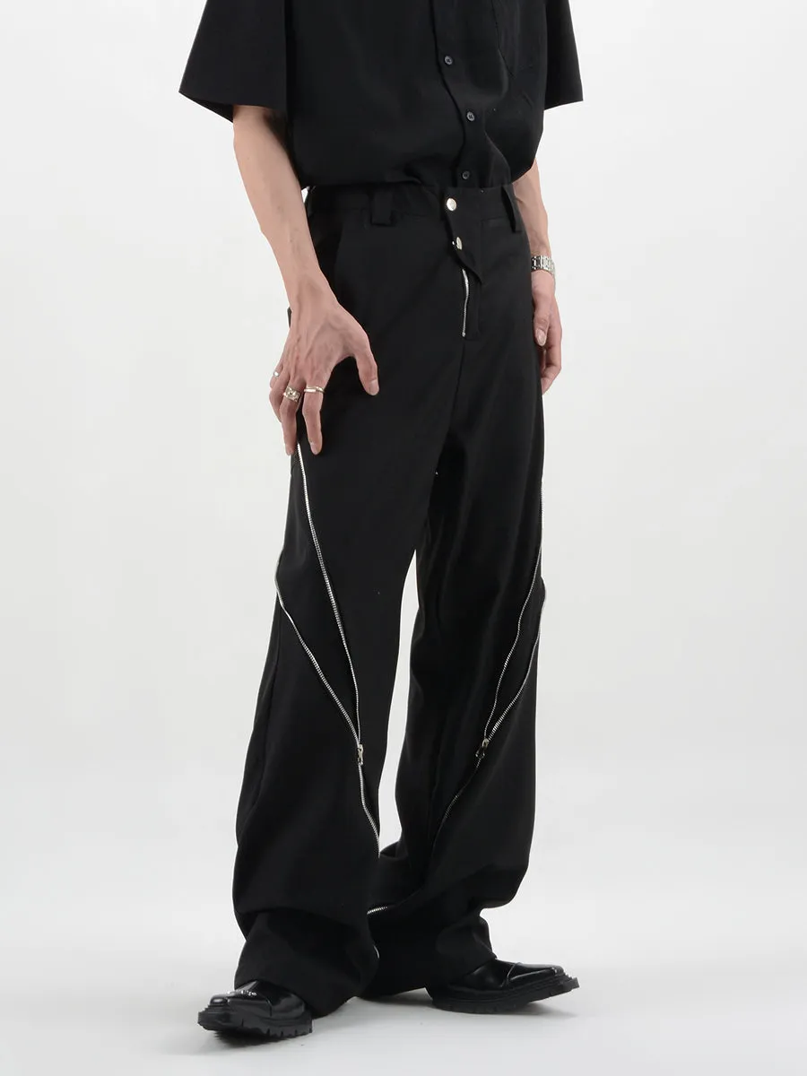 Straight Fit Diagonal Zip Up Pants