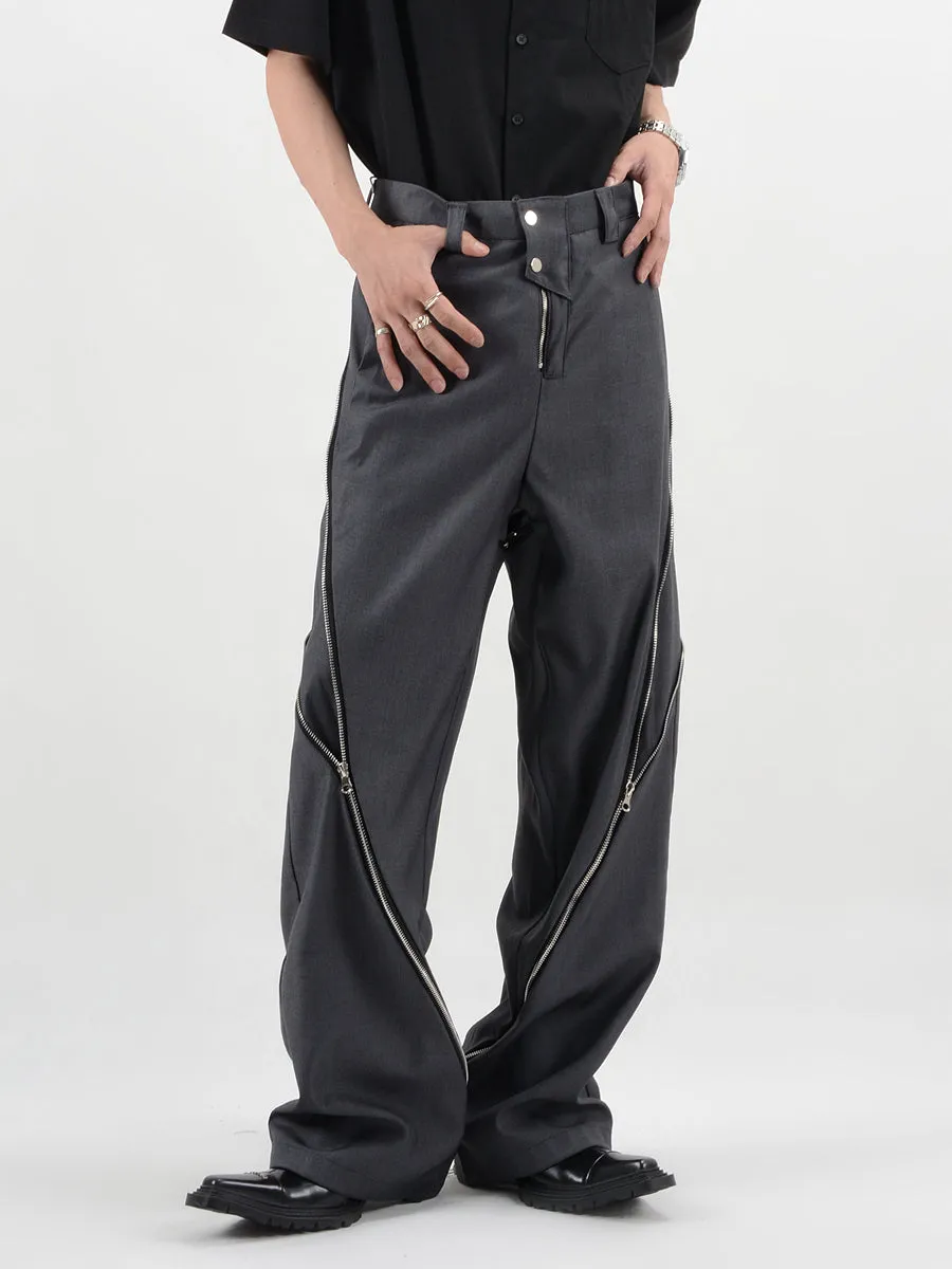 Straight Fit Diagonal Zip Up Pants