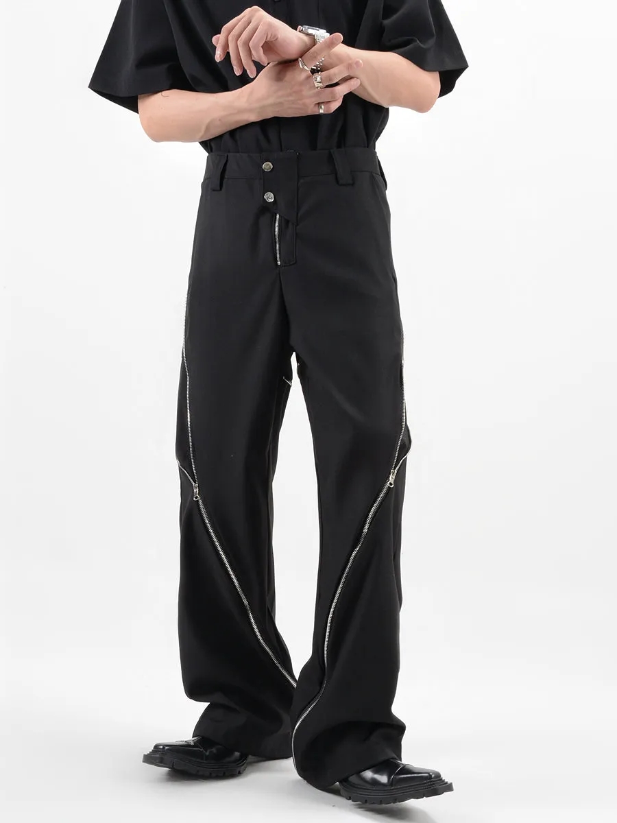 Straight Fit Diagonal Zip Up Pants