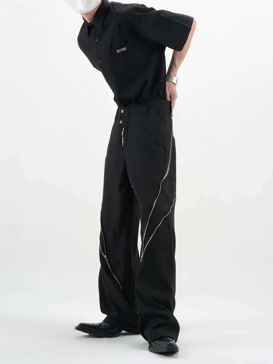 Straight Fit Diagonal Zip Up Pants