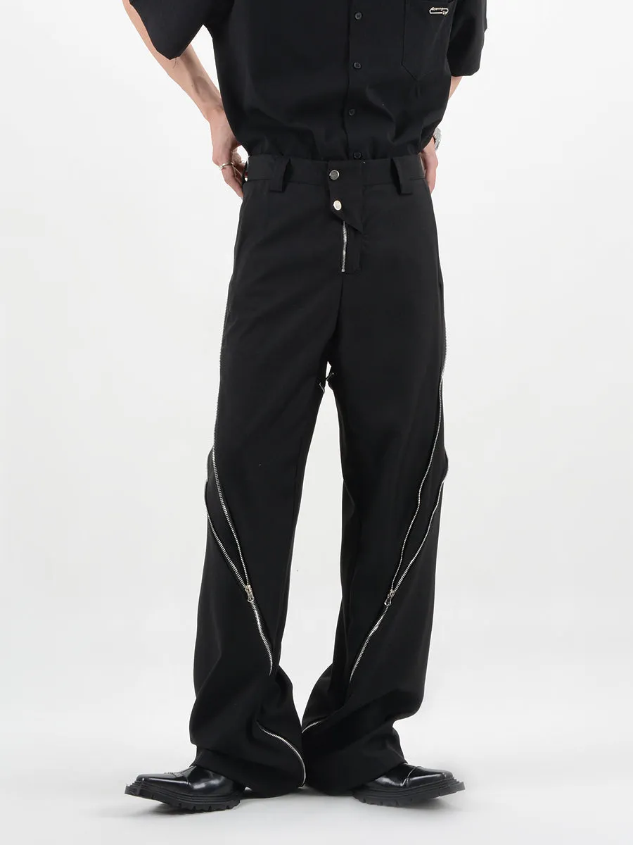 Straight Fit Diagonal Zip Up Pants