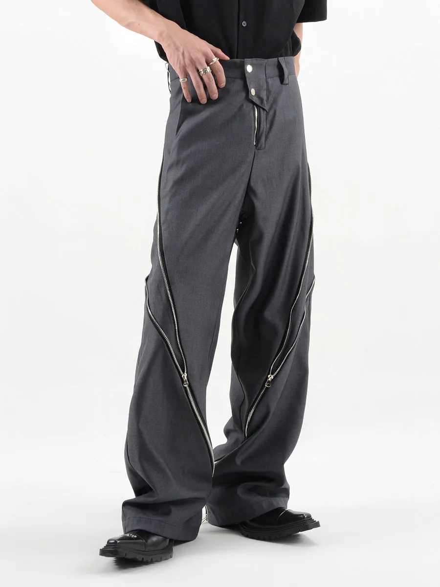 Straight Fit Diagonal Zip Up Pants