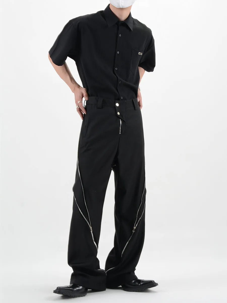 Straight Fit Diagonal Zip Up Pants