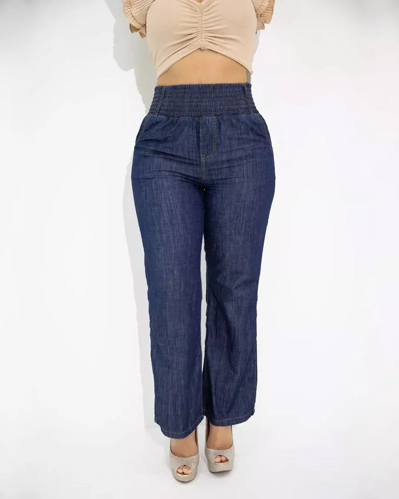 Straight Leg Casual Jeans With Elastic Waistband