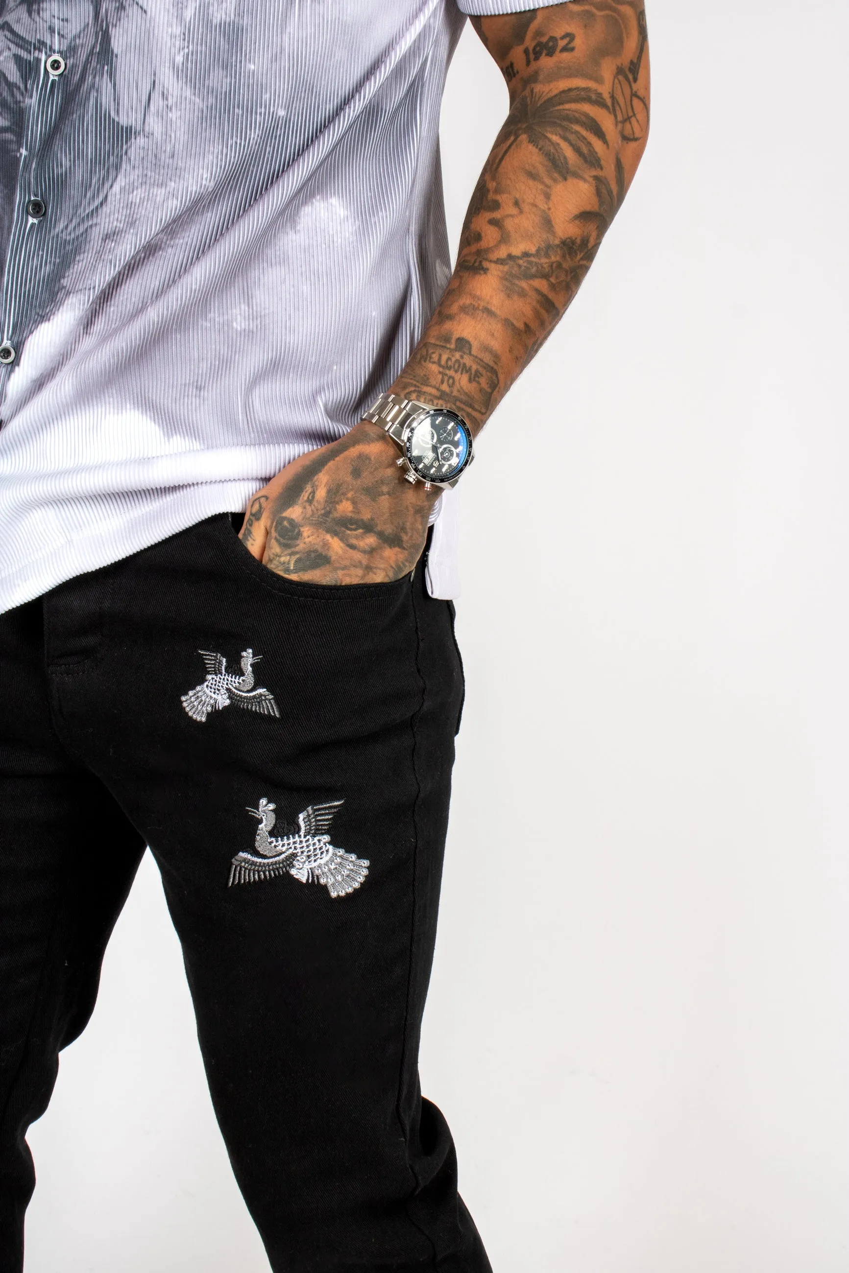 Straight Leg Japanese Bird Embroidered Jean