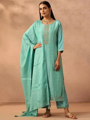 Turquoise Blue Embroidered Silk Blend Straight Kurta With Trousers & Dupatta