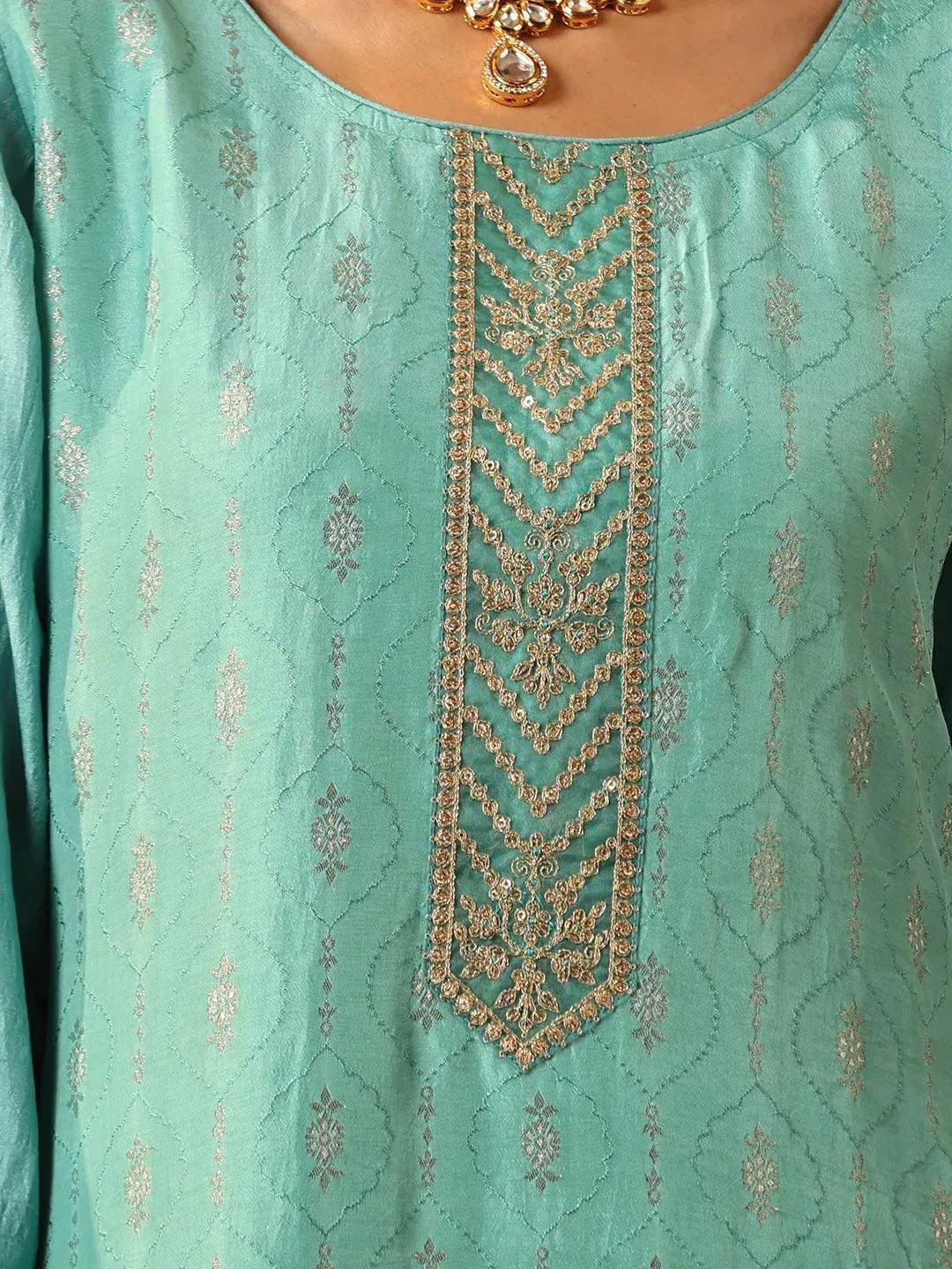 Turquoise Blue Embroidered Silk Blend Straight Kurta With Trousers & Dupatta