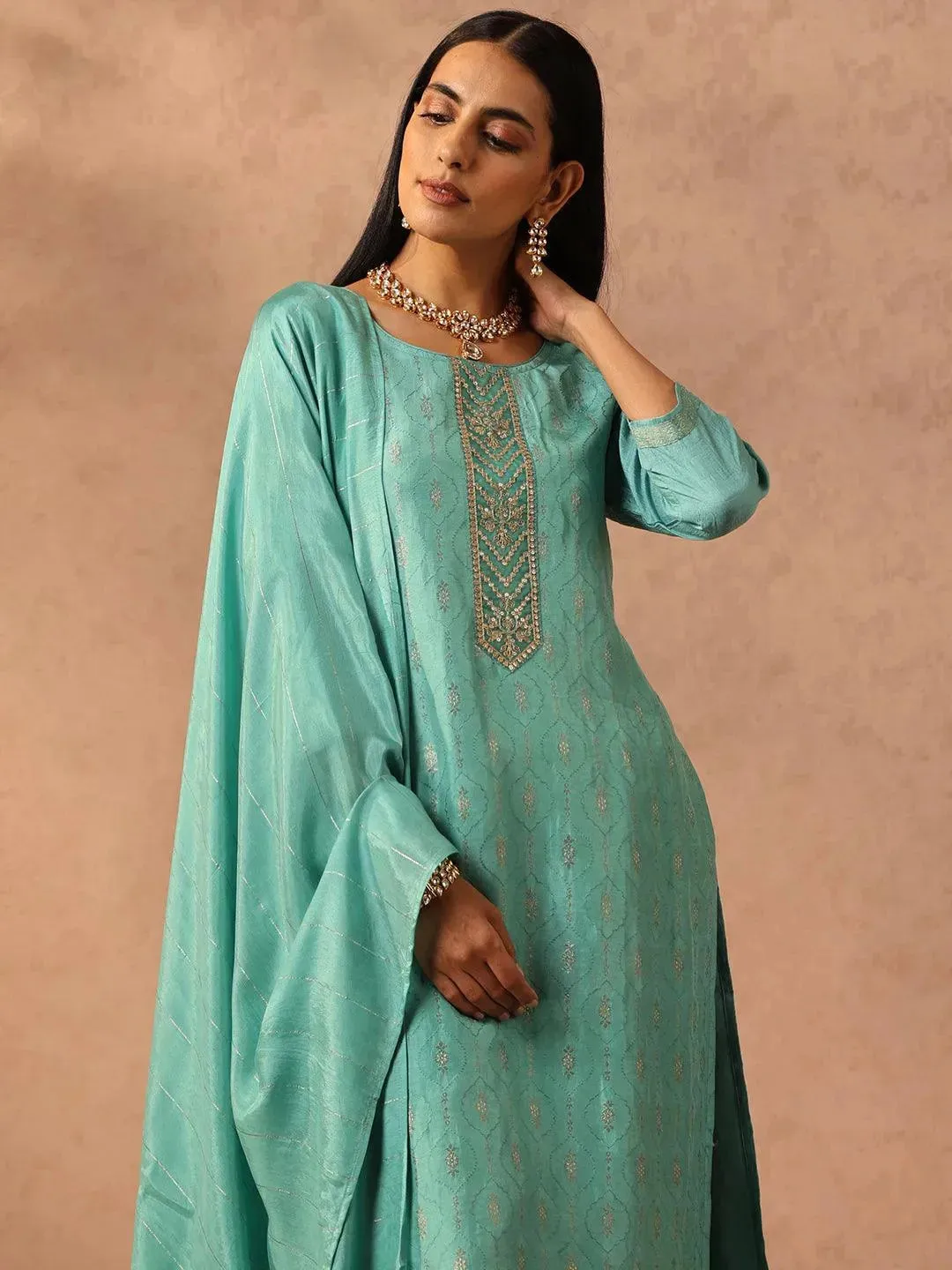 Turquoise Blue Embroidered Silk Blend Straight Kurta With Trousers & Dupatta