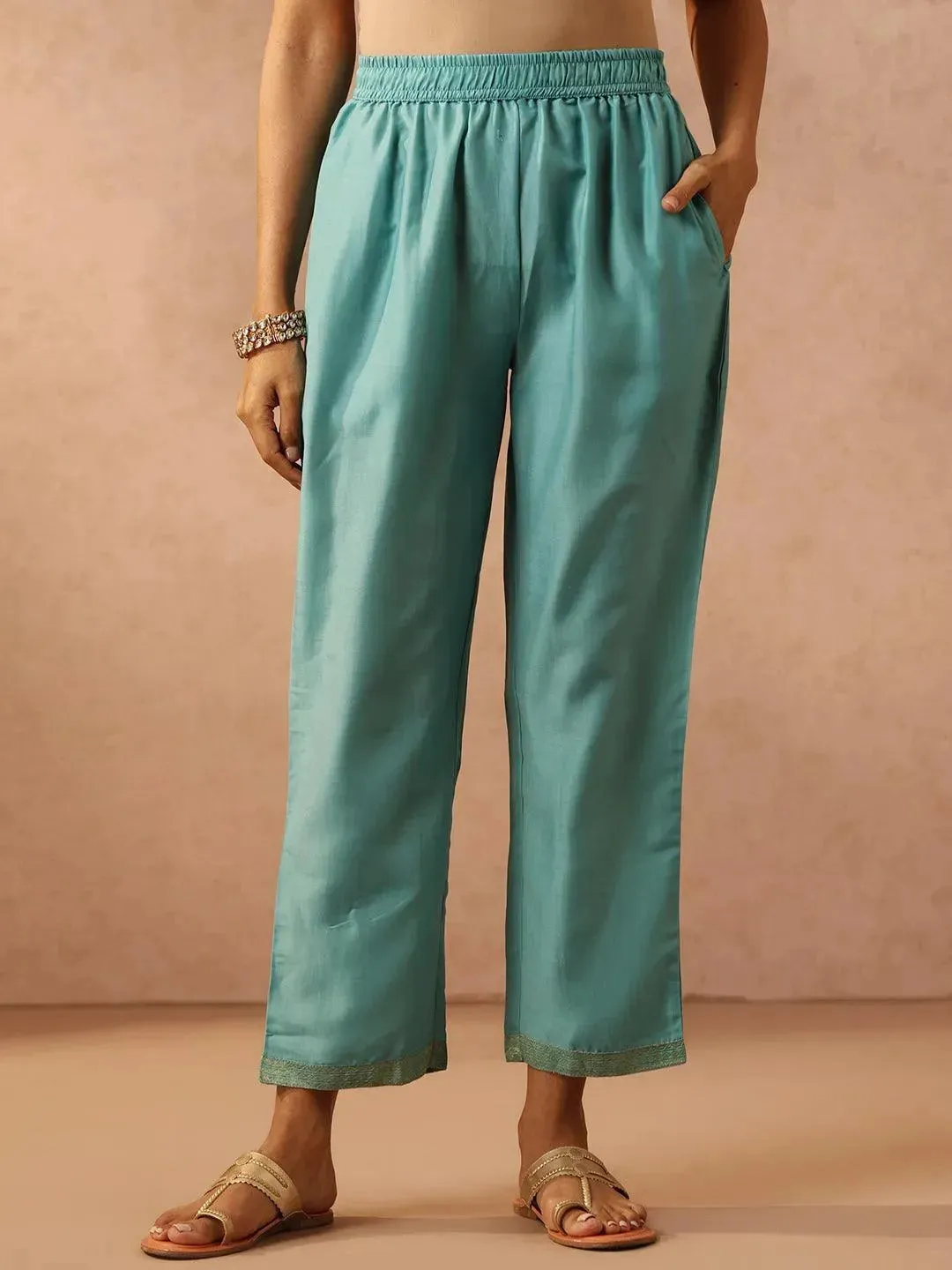 Turquoise Blue Embroidered Silk Blend Straight Kurta With Trousers & Dupatta