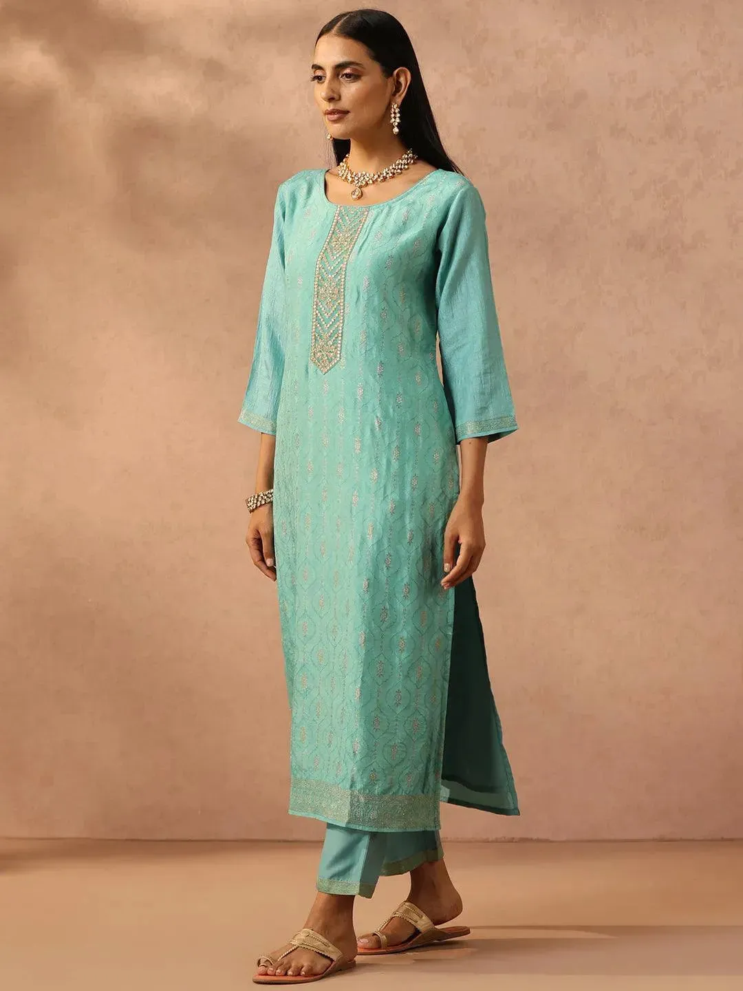 Turquoise Blue Embroidered Silk Blend Straight Kurta With Trousers & Dupatta