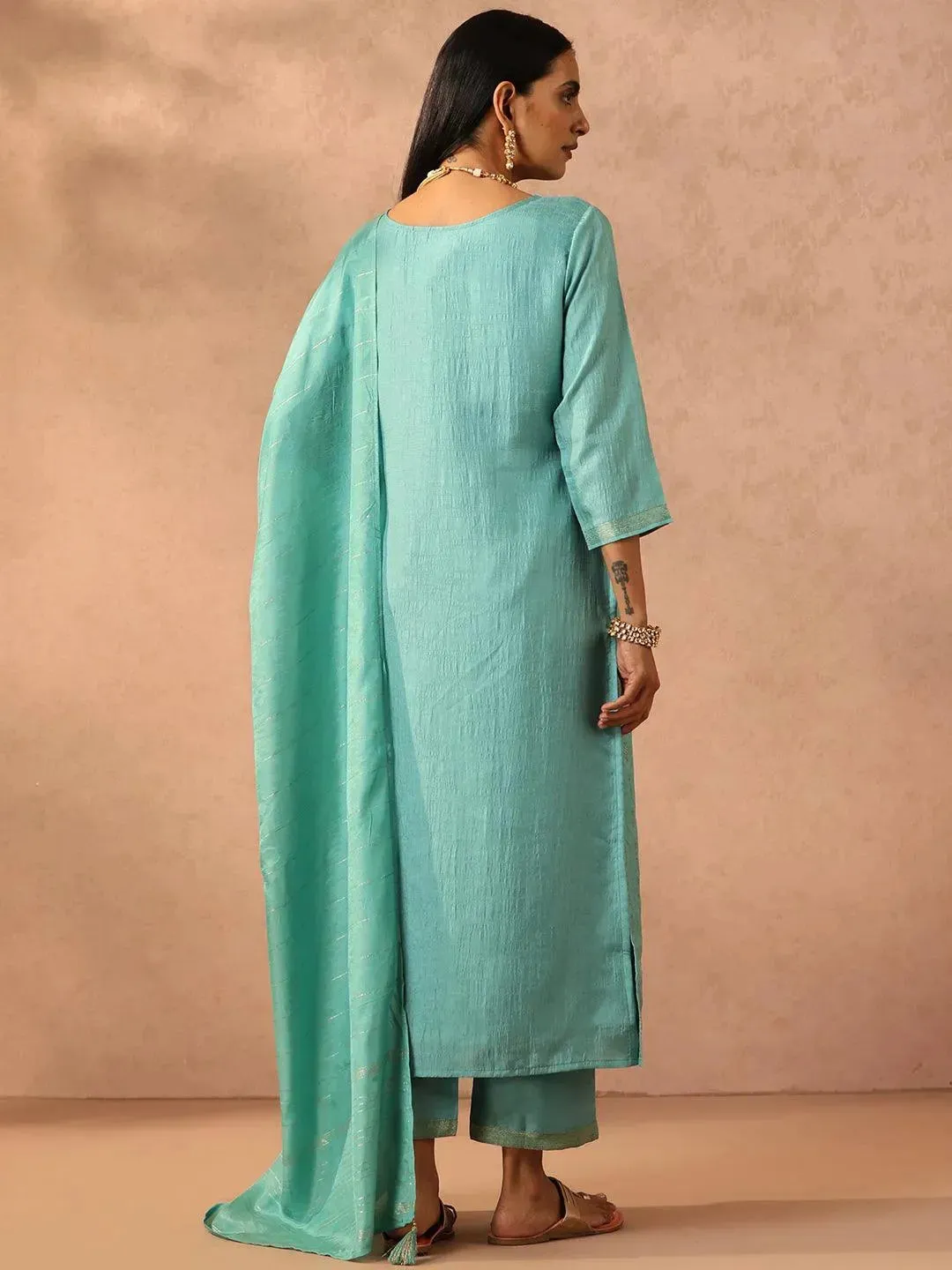 Turquoise Blue Embroidered Silk Blend Straight Kurta With Trousers & Dupatta