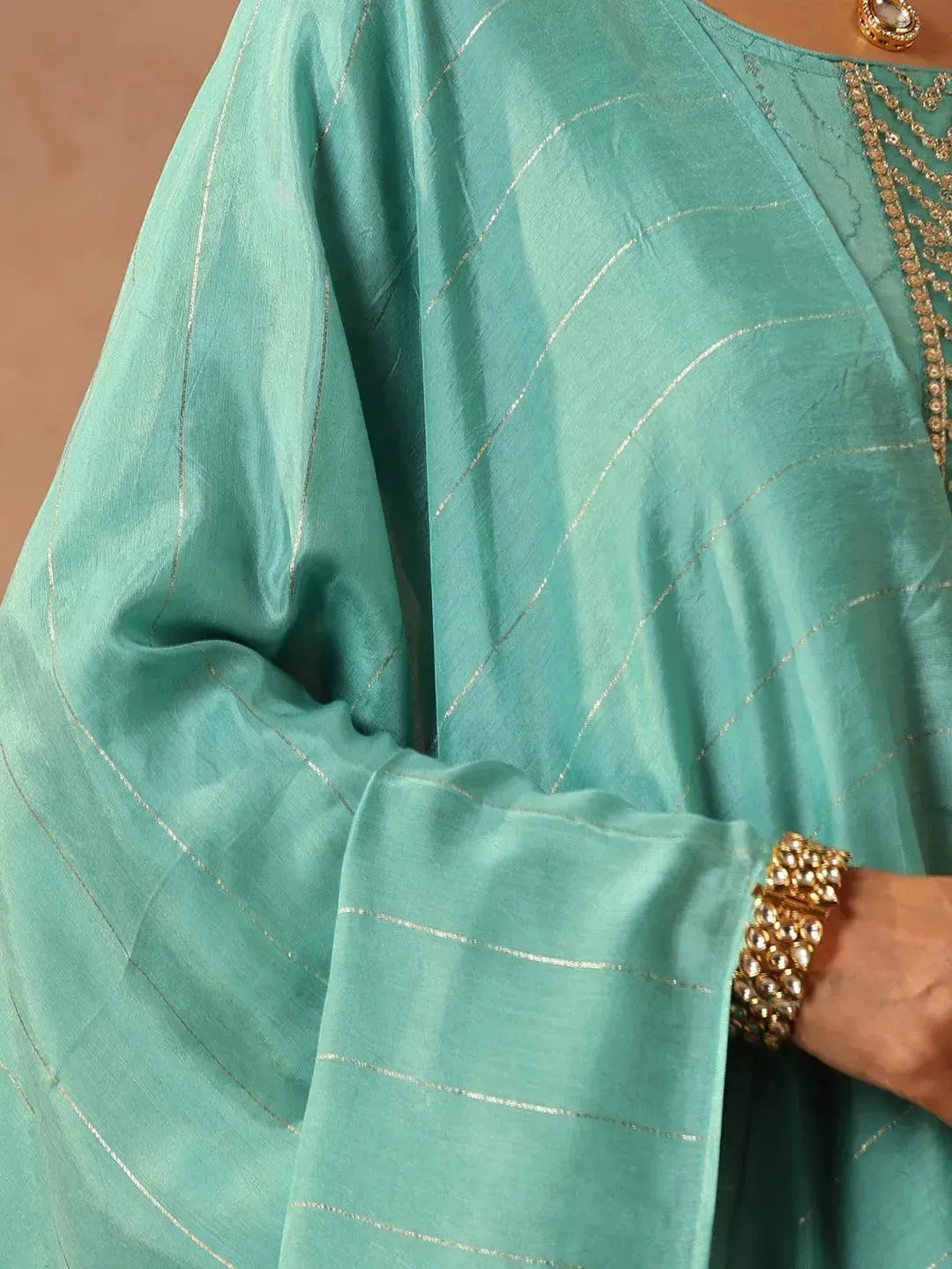 Turquoise Blue Embroidered Silk Blend Straight Kurta With Trousers & Dupatta