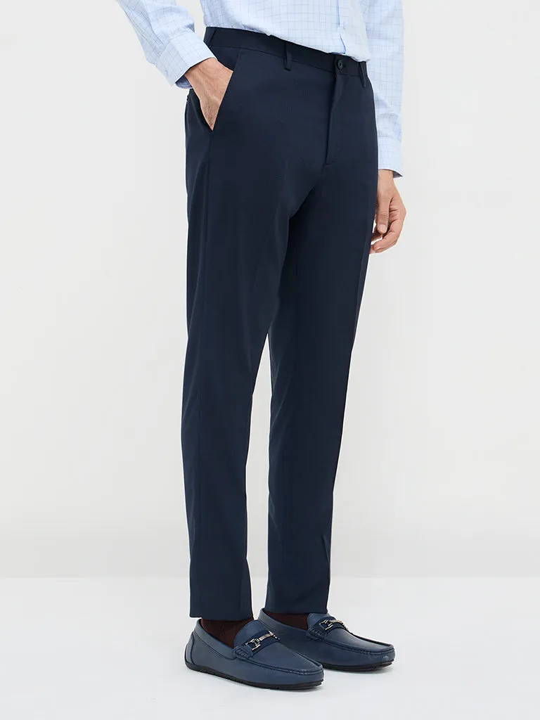 WES Formals Navy Self-Patterned Slim-Fit Mid-Rise Trousers