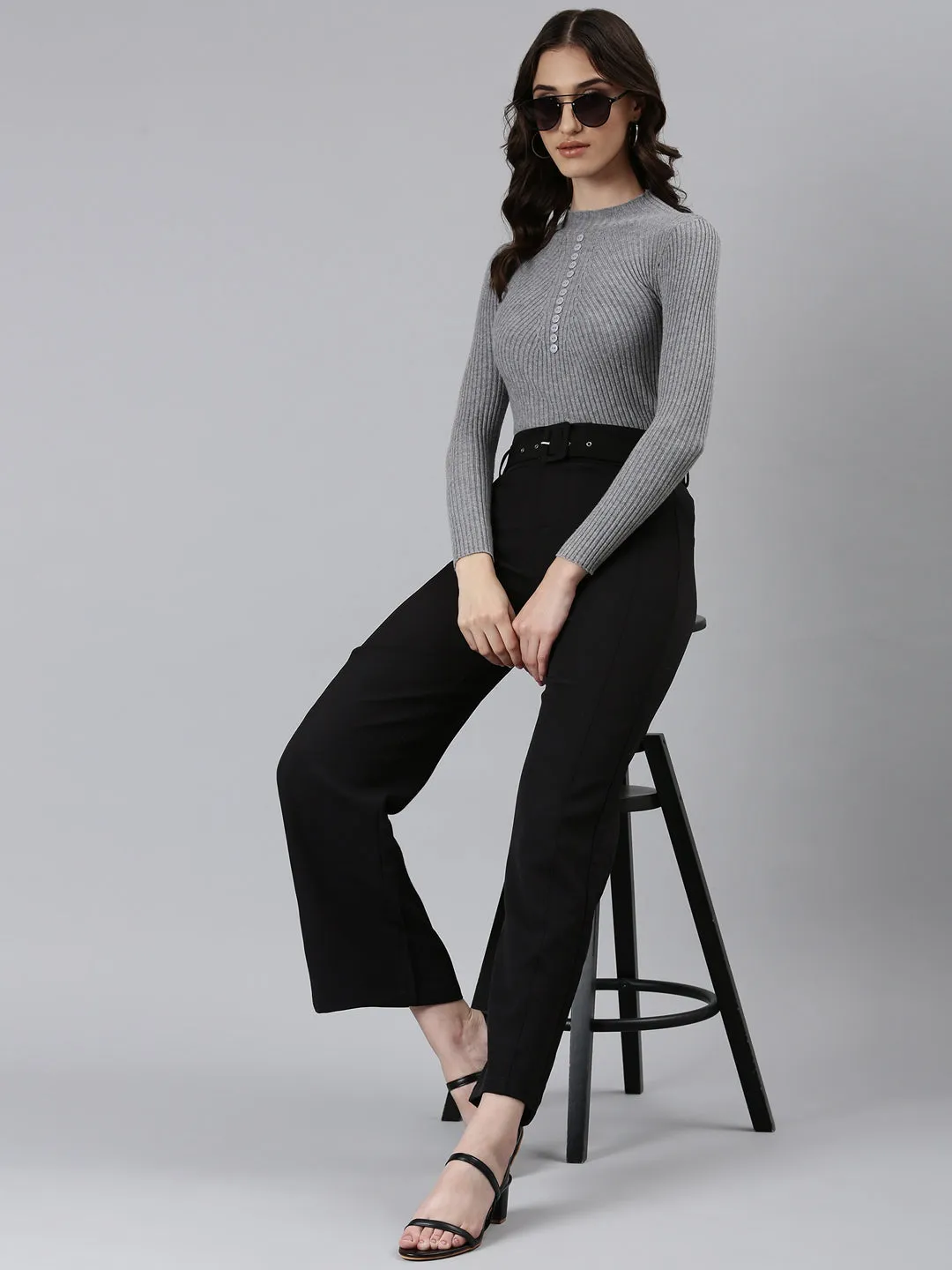 Women Black Solid Formal Trouser