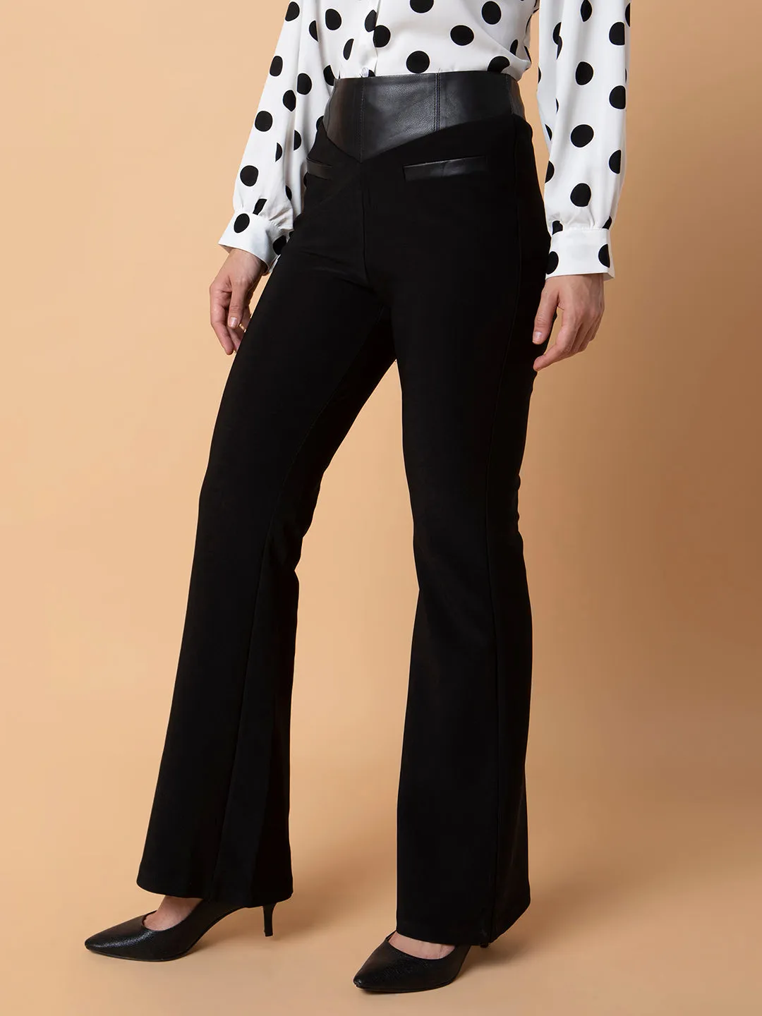 Women Flat Front Solid Black Bootcut Trousers