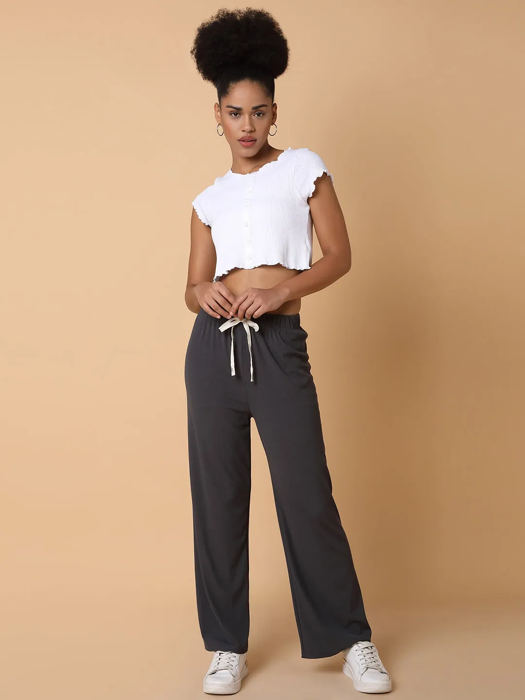 Women Flat Front Solid Grey Trousers