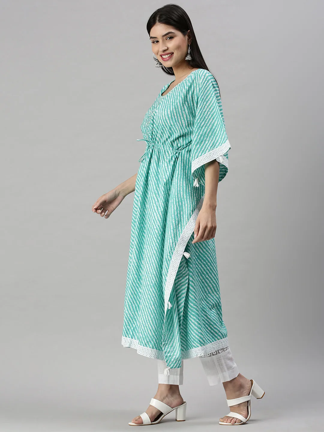 Women Kaftan Turquoise Blue Printed Kurta and Trousers