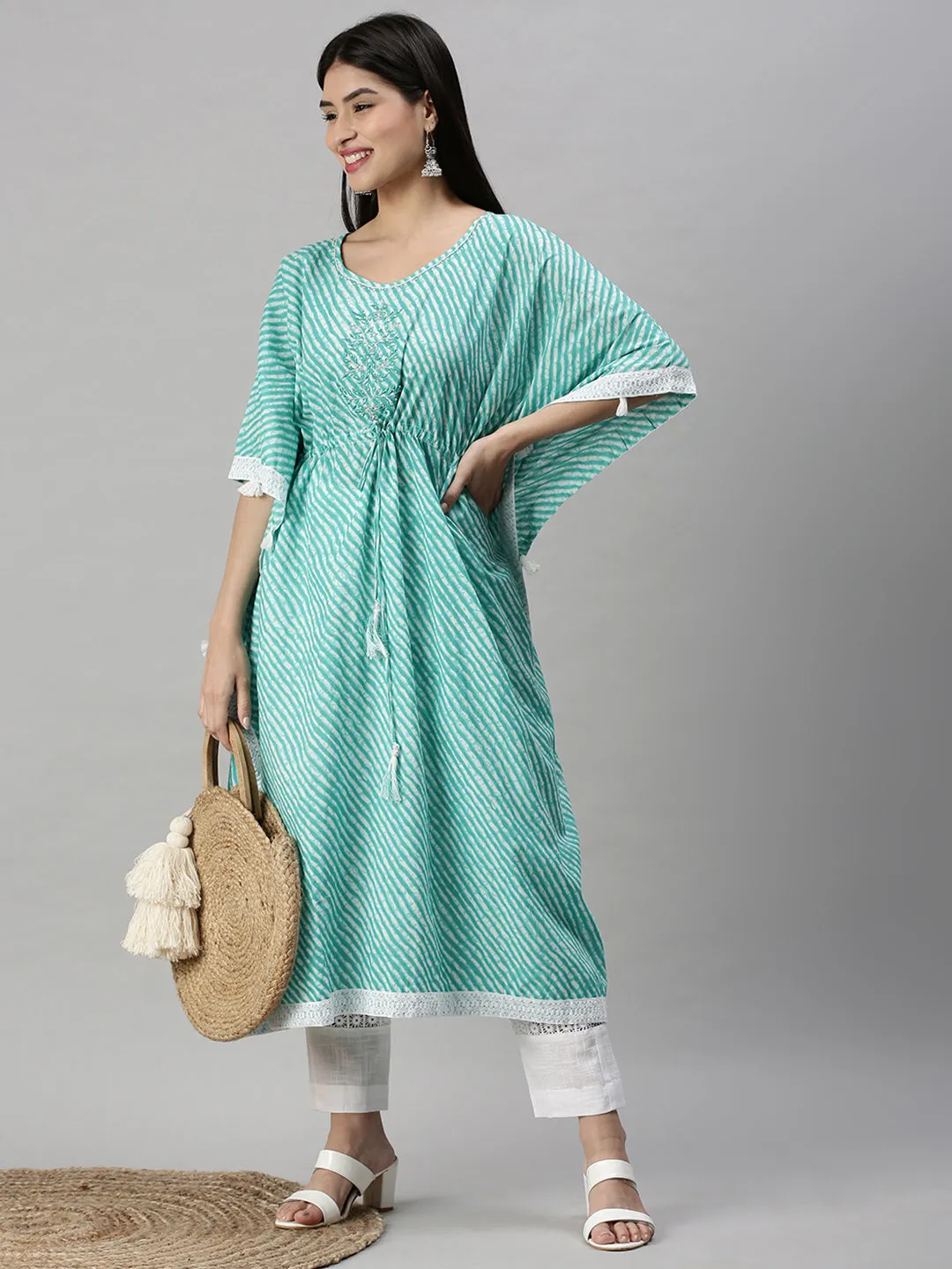 Women Kaftan Turquoise Blue Printed Kurta and Trousers