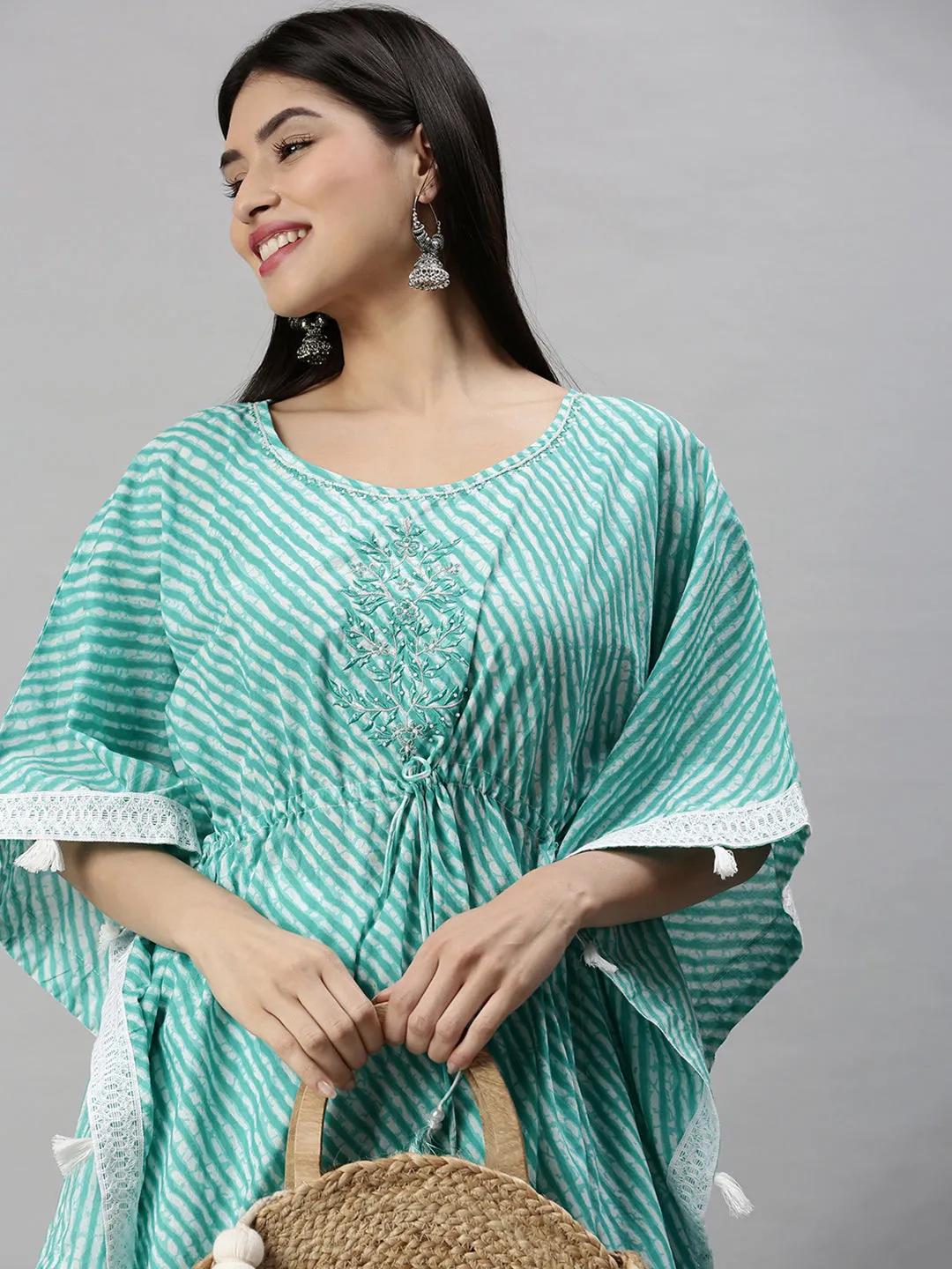 Women Kaftan Turquoise Blue Printed Kurta and Trousers