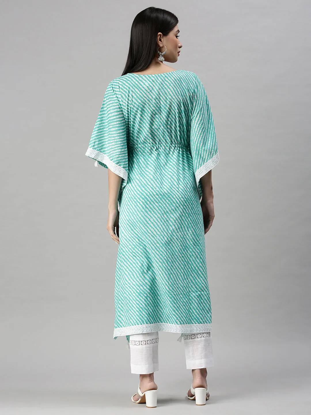 Women Kaftan Turquoise Blue Printed Kurta and Trousers