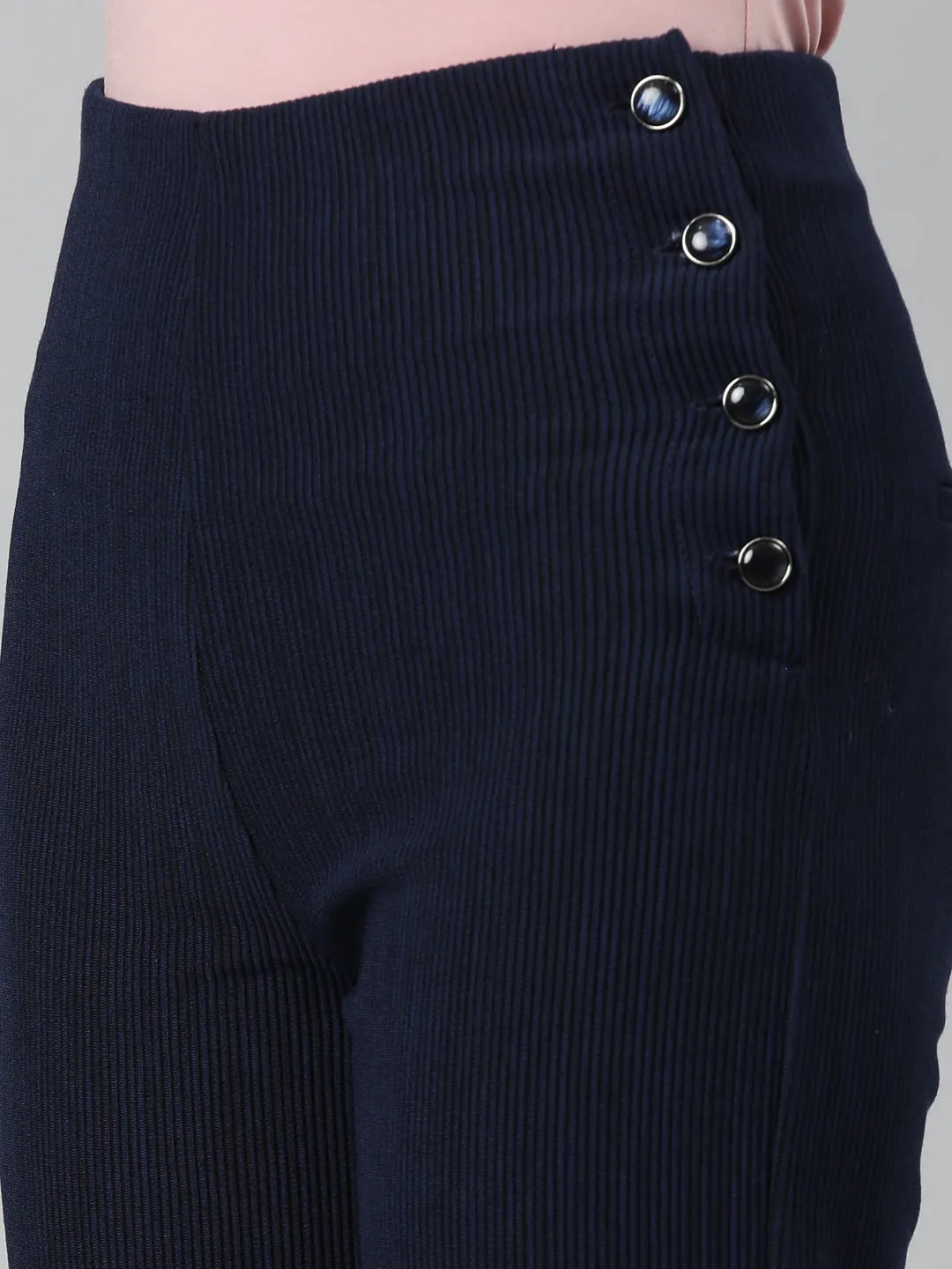 Women Navy Blue Solid Parallel Trouser