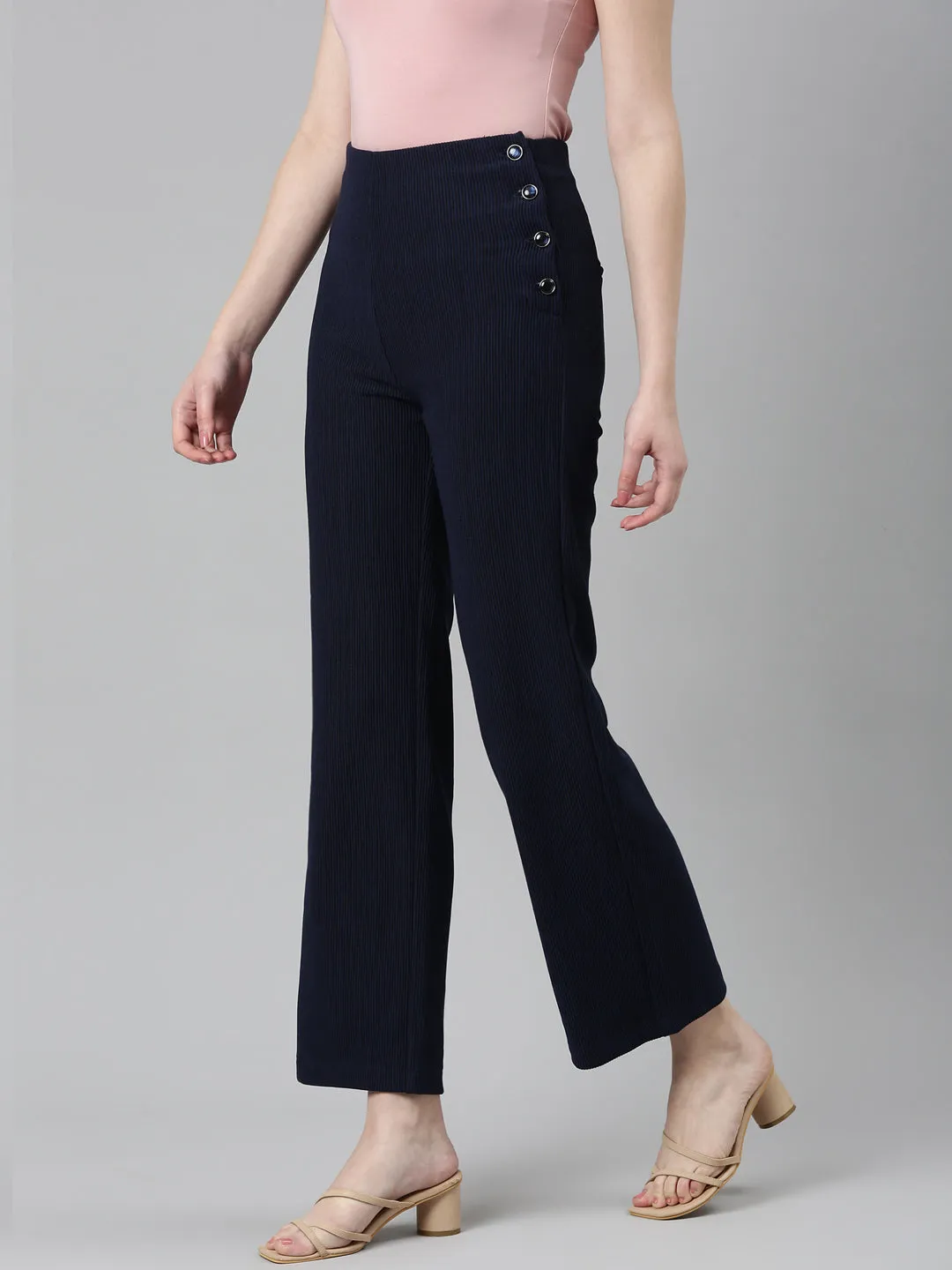 Women Navy Blue Solid Parallel Trouser