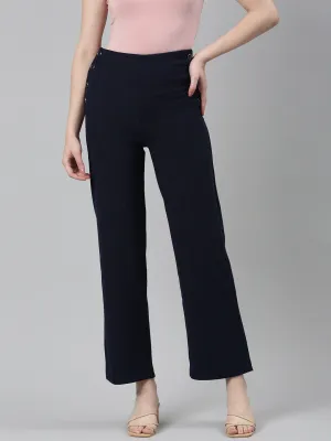 Women Navy Blue Solid Parallel Trouser