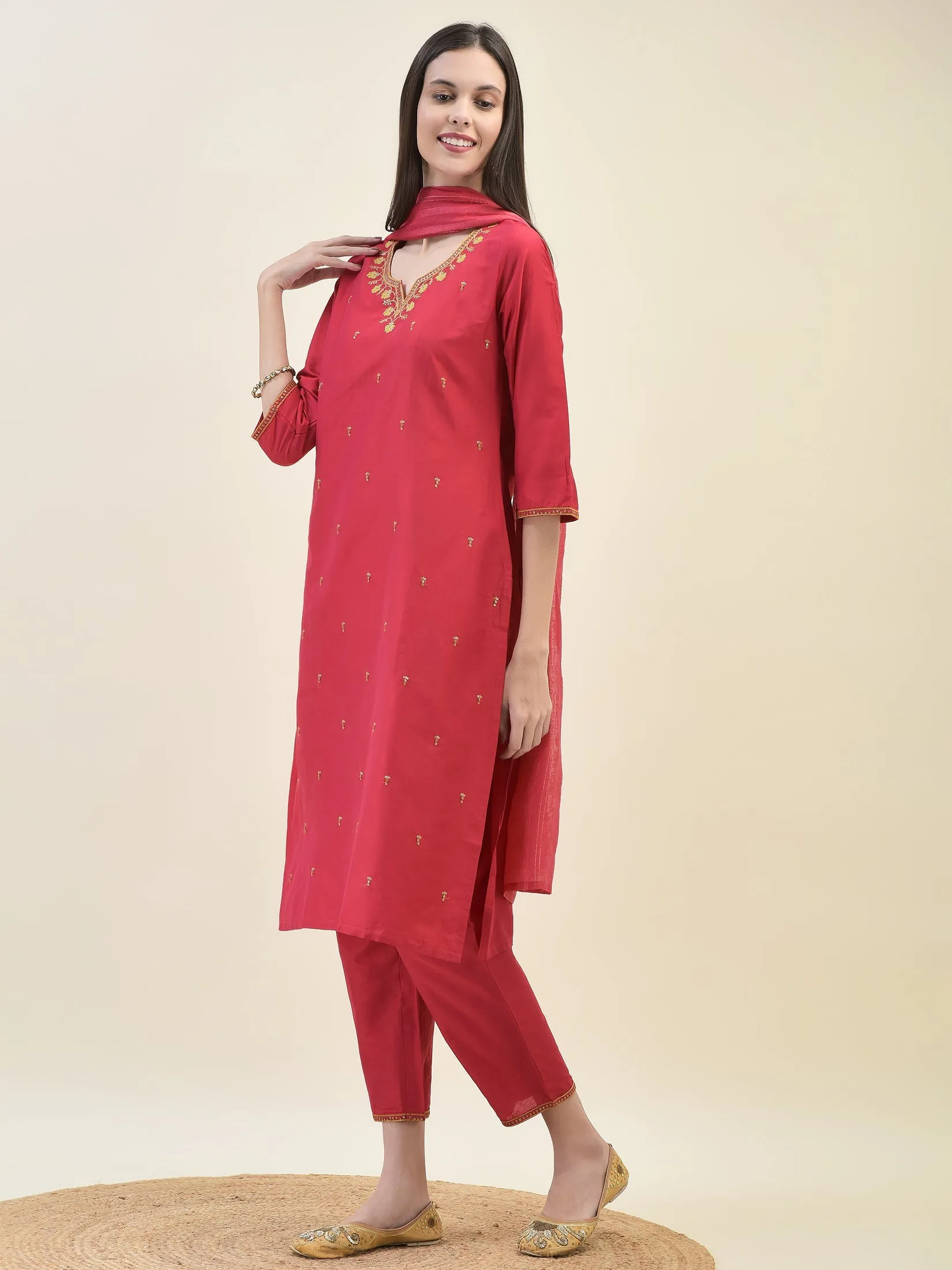 Women Silk Blend Red Embroidered Kurta Trouser Dupatta