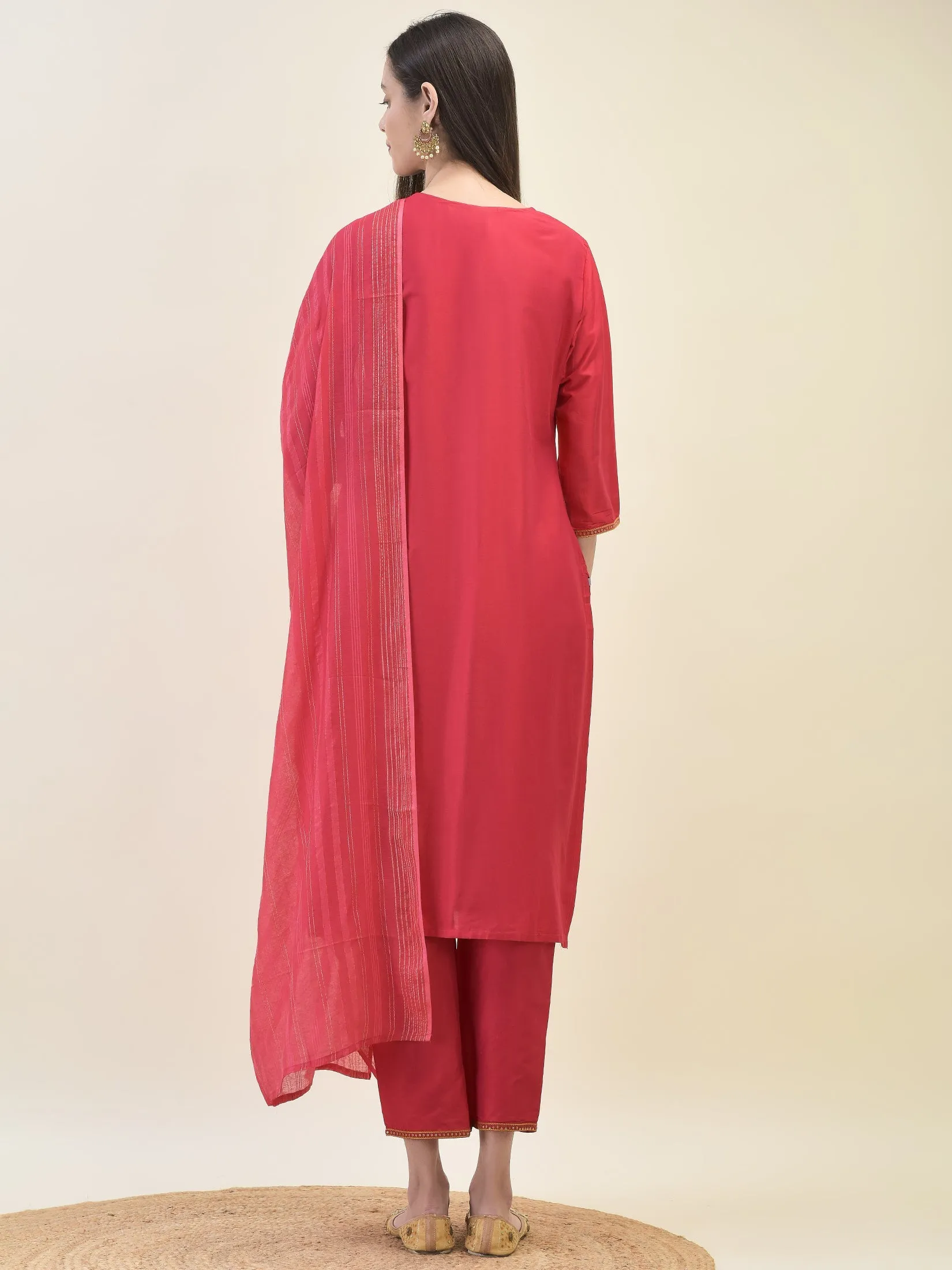 Women Silk Blend Red Embroidered Kurta Trouser Dupatta