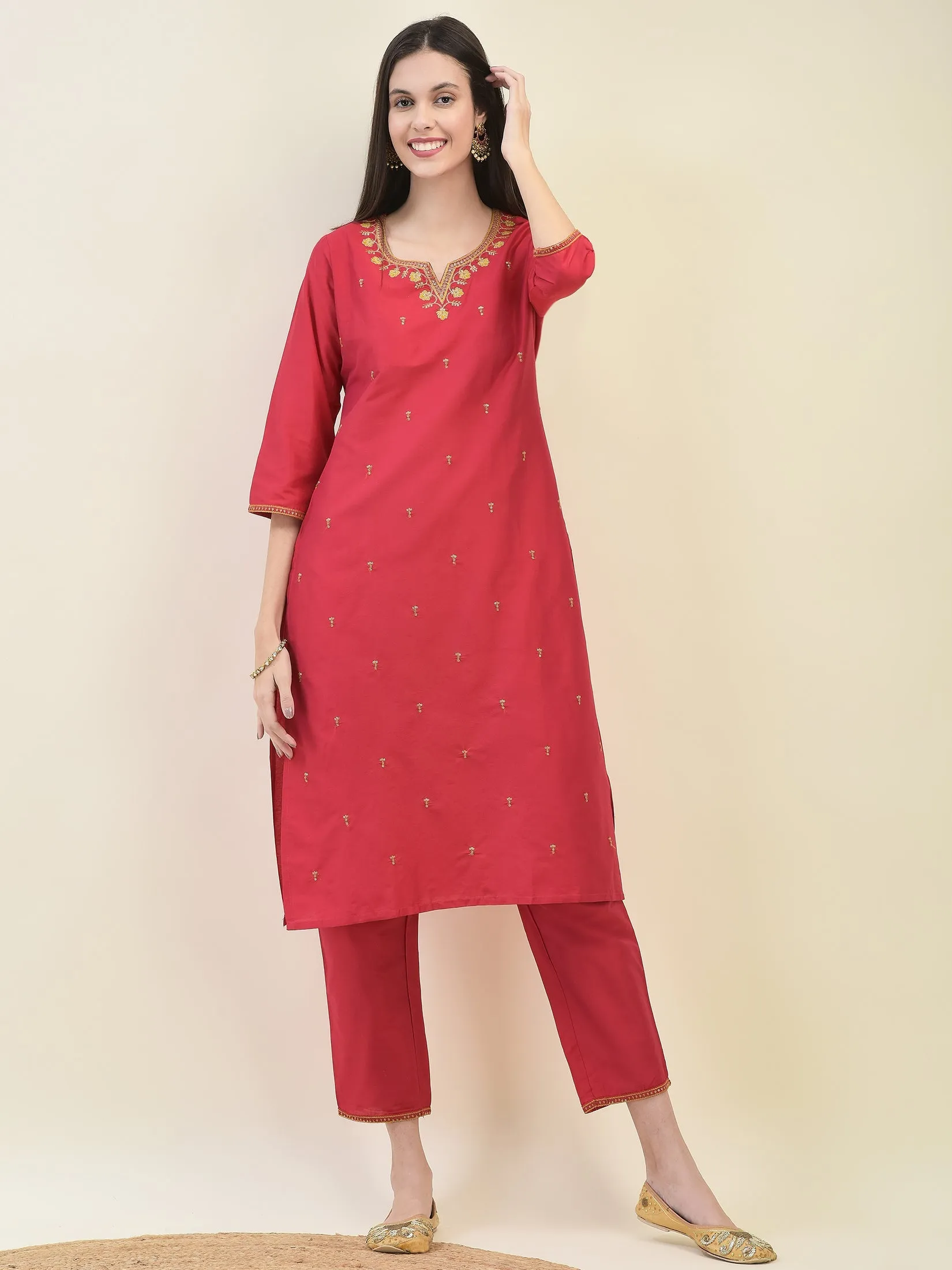 Women Silk Blend Red Embroidered Kurta Trouser Dupatta