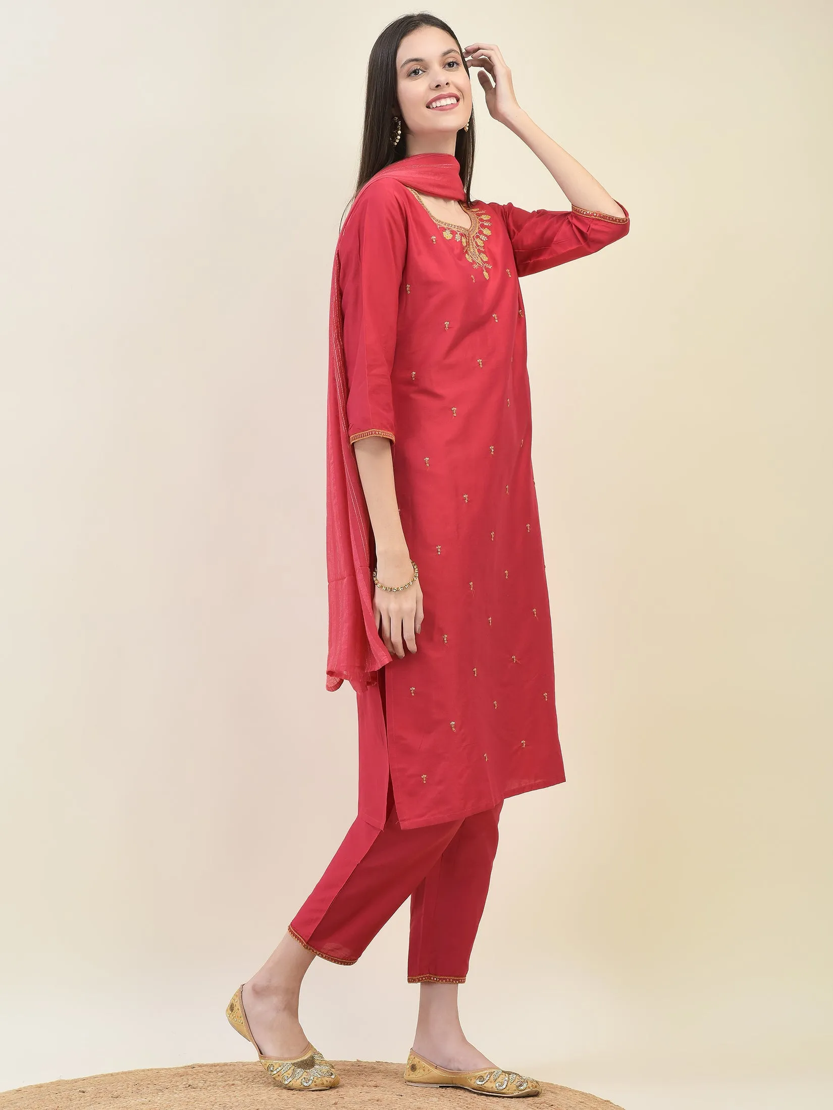 Women Silk Blend Red Embroidered Kurta Trouser Dupatta