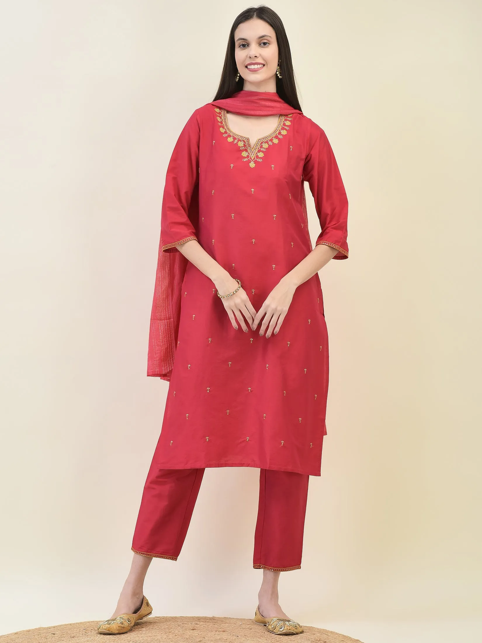 Women Silk Blend Red Embroidered Kurta Trouser Dupatta