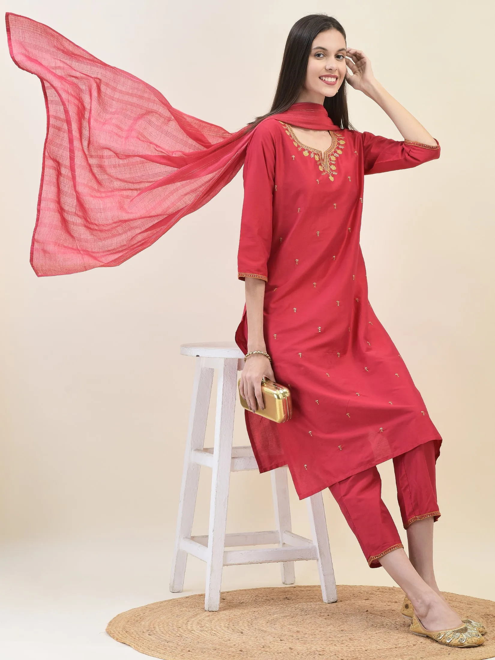 Women Silk Blend Red Embroidered Kurta Trouser Dupatta