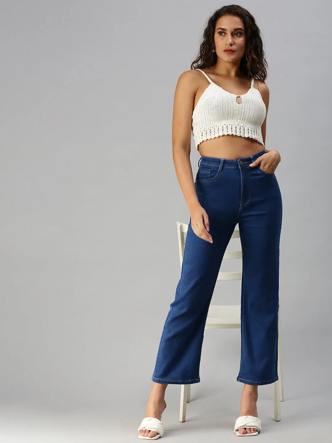 Women Solid Blue Wide Leg Jeans