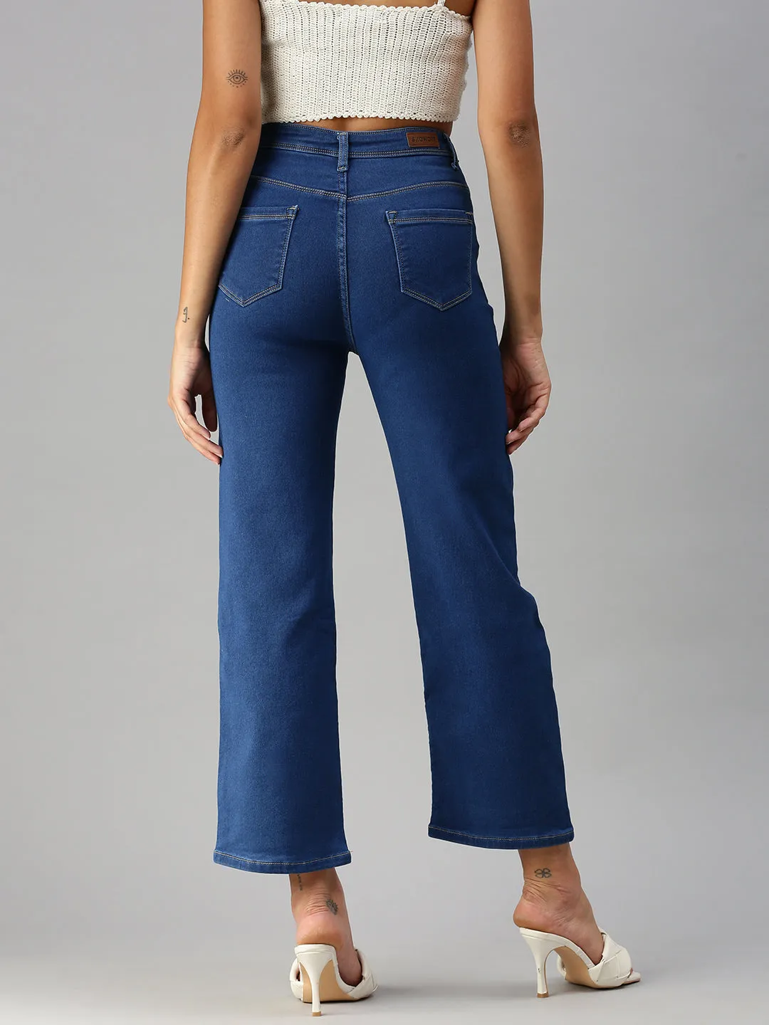 Women Solid Blue Wide Leg Jeans