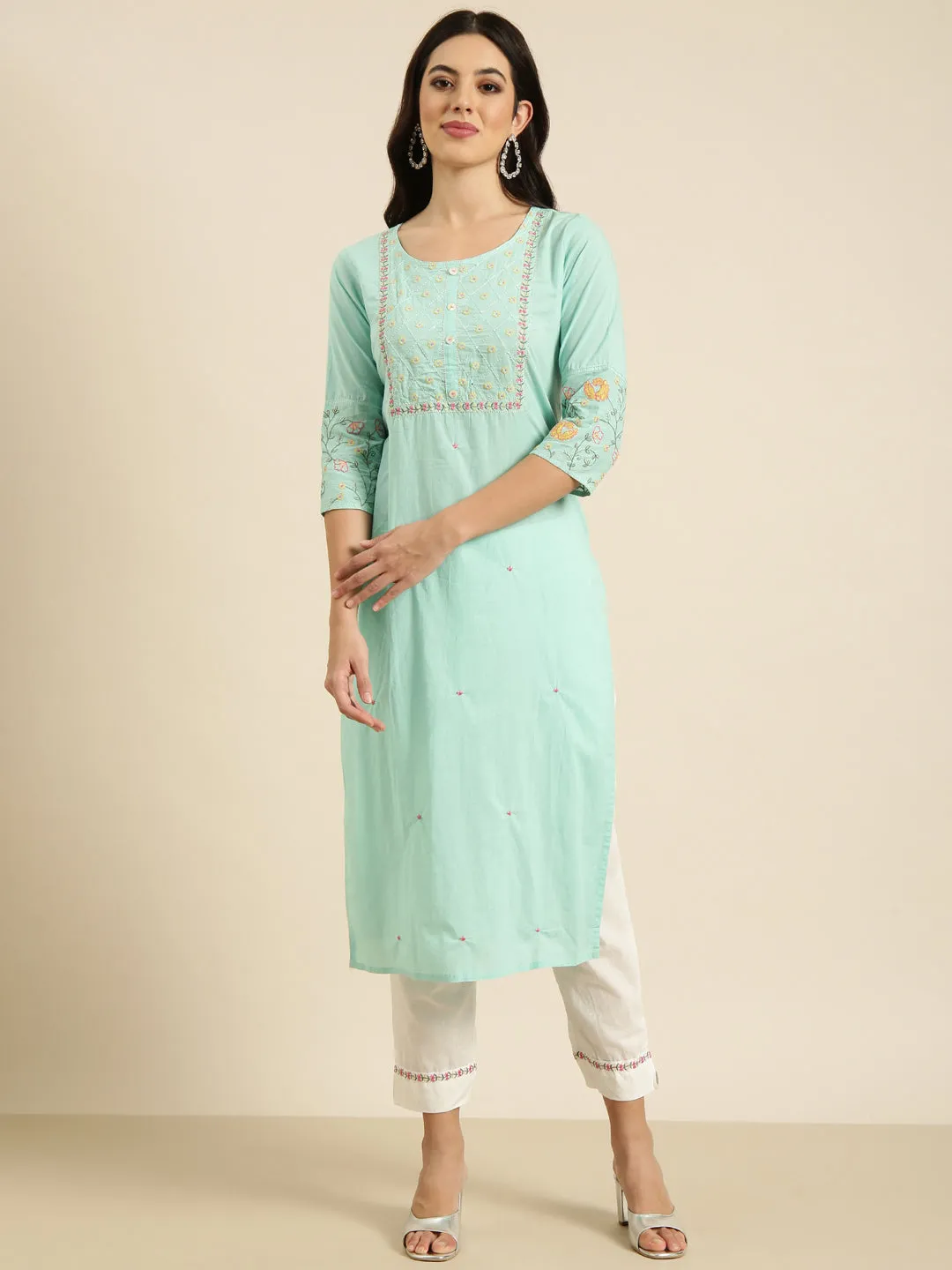 Women Straight Sea Green Solid Kurta and Trousers Set