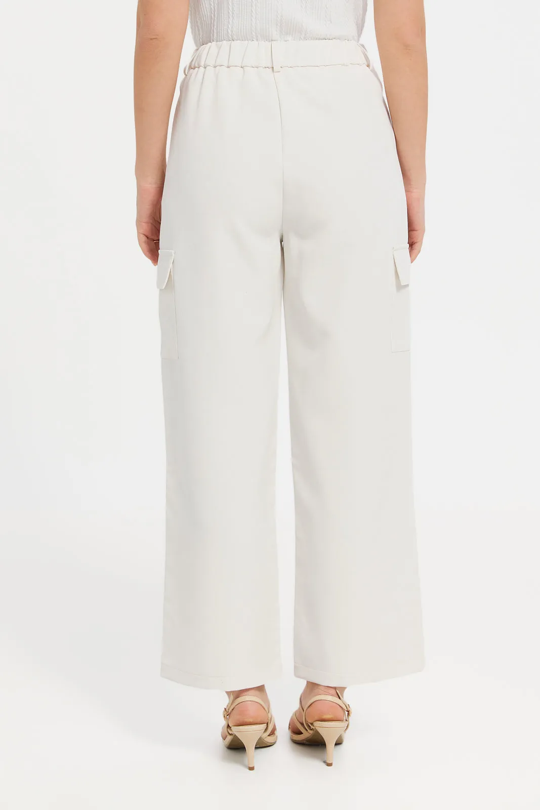 Women White Button-Down Cargo Wide Leg Fit