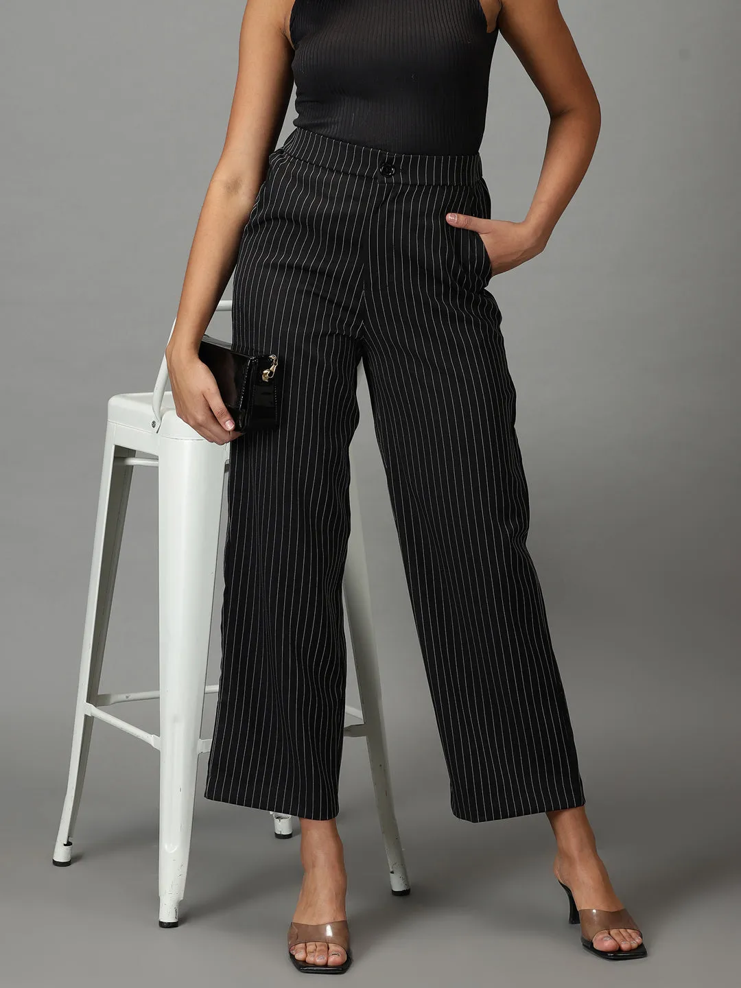 Women's Black Striped Formal Trouser