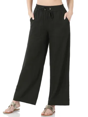 Womens Casual Linen Pants with Waist Drawstring and Side Pockets