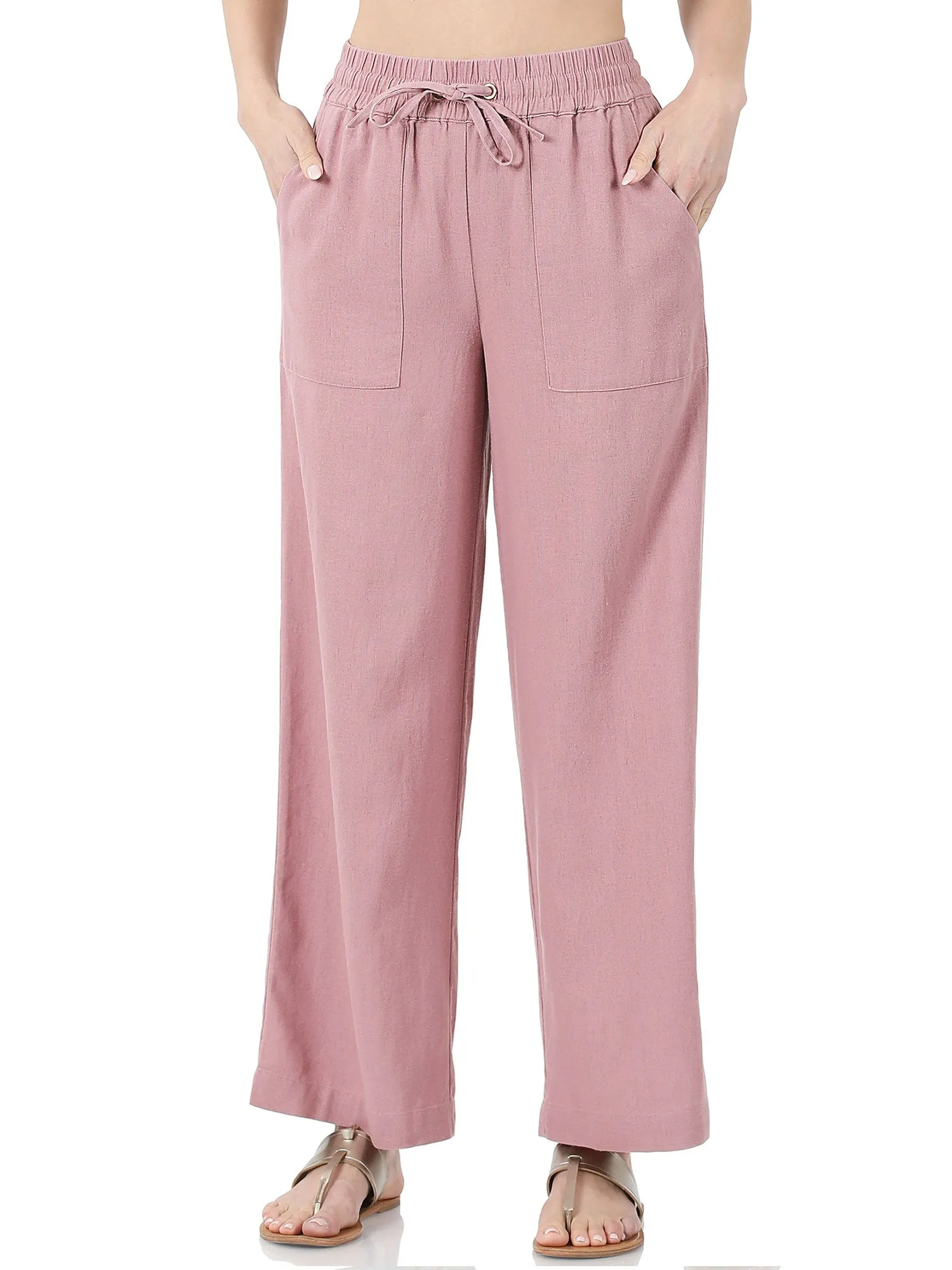 Womens Casual Linen Pants with Waist Drawstring and Side Pockets