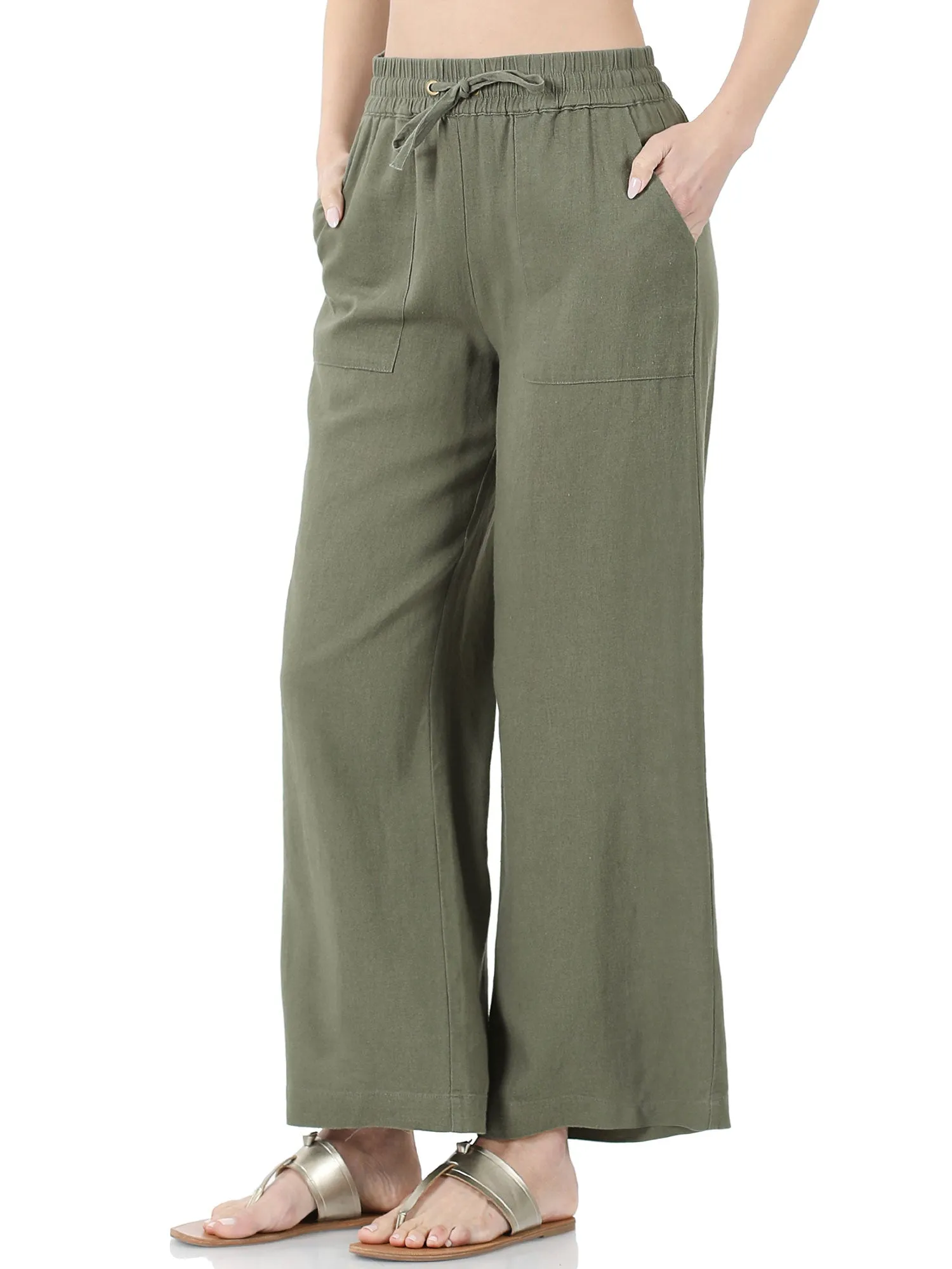 Womens Casual Linen Pants with Waist Drawstring and Side Pockets