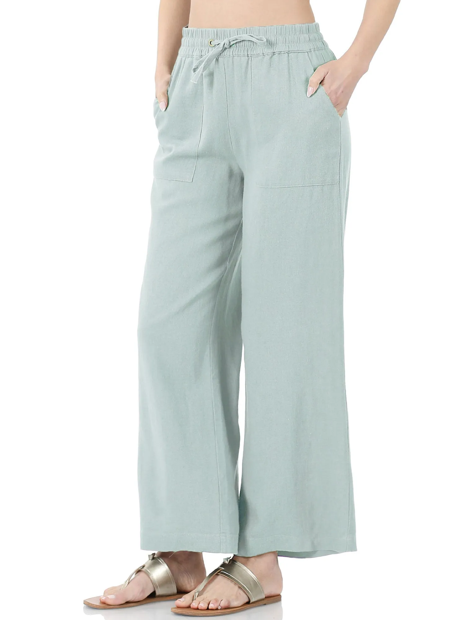 Womens Casual Linen Pants with Waist Drawstring and Side Pockets