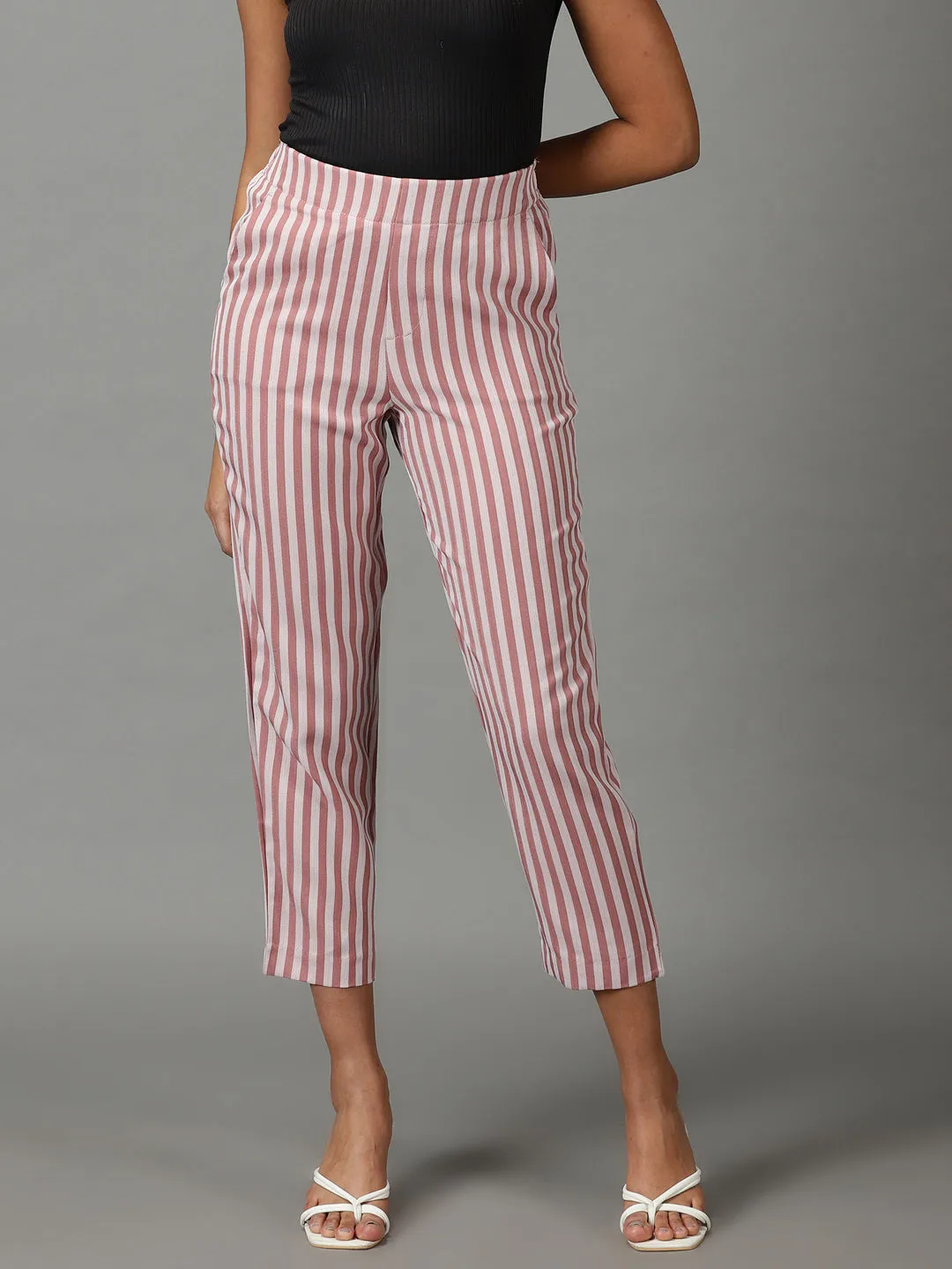 Women's Mauve Striped Formal Trouser