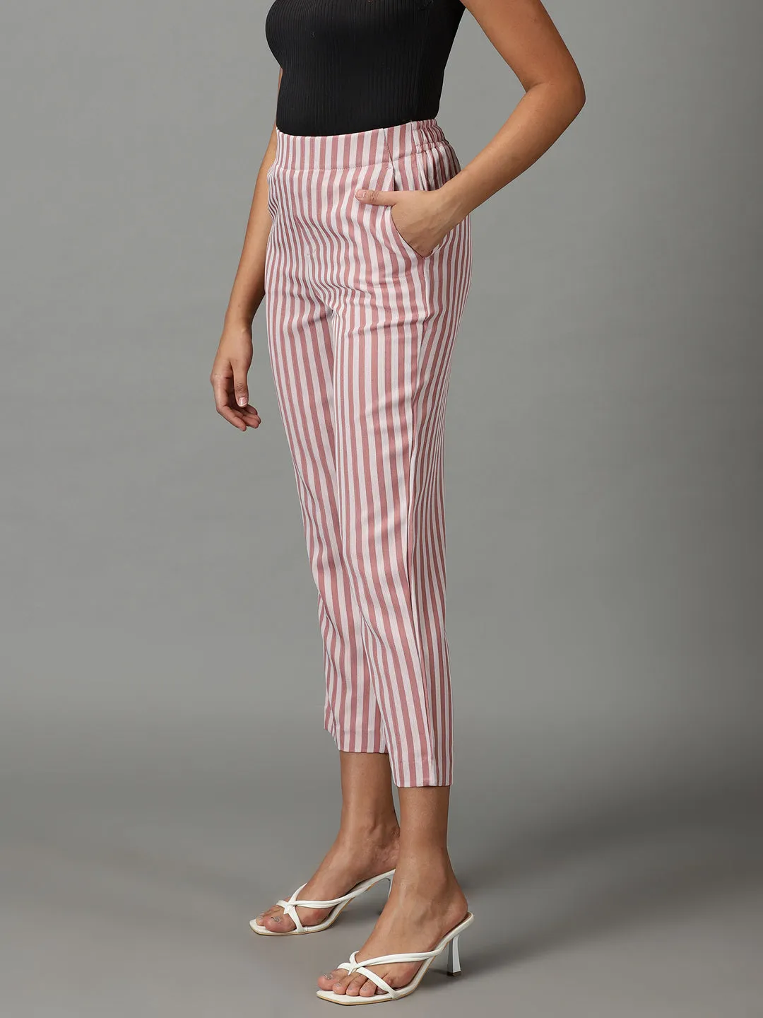 Women's Mauve Striped Formal Trouser